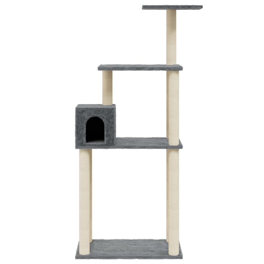 Kratzbaum Katzenbaum mit Sisal Kratzsäulen und Plüsch 147 cm hoch Holzwerkstoff Dunkelgrau kompakt stabil modern für Wohnzimmer Wohnung Katzenzubehör Beschäftigung und Krallenpflege