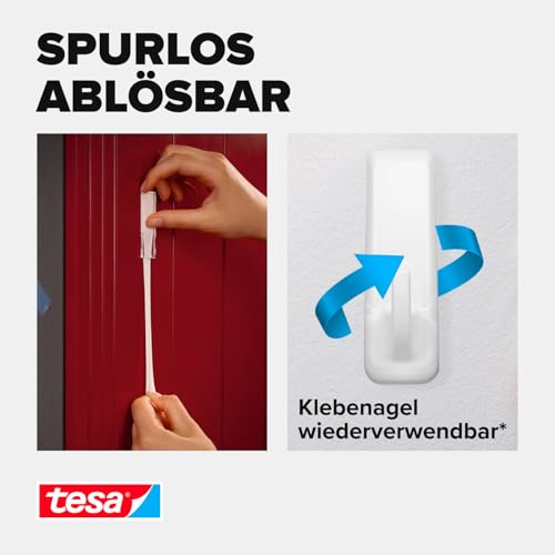 tesa Powerstrips Klebehaken XL Rechteckig - selbstklebender Haken mit extra starkem Halt - wiederverwendbarer Wandhaken für Bad oder Küche - Montage ohne Bohren - Weiß - 1 x Haken, 3 x Powerstrips XL