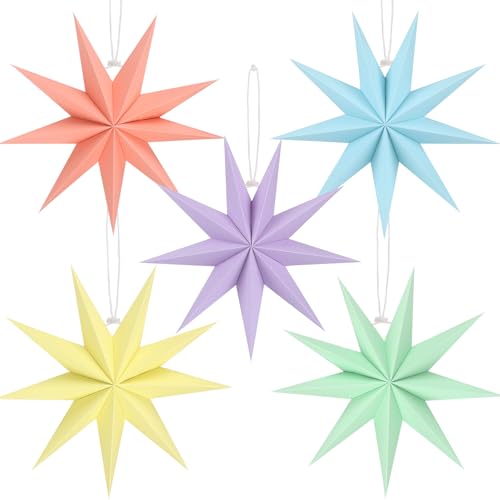 Image of 12 Inches 5 PCS Paper Star Lanterns Hanging Pastel Stars Christmas Party Decorations Pastel Lampshade Christmas Home Party Decorations(9 Pointed)
