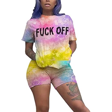 Elosele Women Bodycon Two Piece Outfits Letter Print Colorful Tie Dye Crew Neck T Shirts Short Pants Set Jumpsuit Sportswear Yellow L Cover