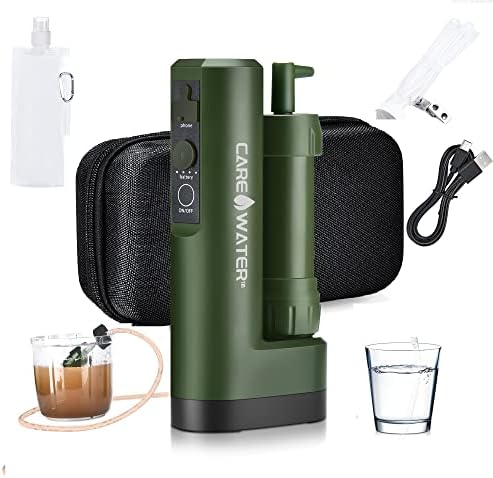 CaredWater Electric Portable Water Filter Purifier Survival for Camping Backpacking Hiking Travel, Water Filtration System Survival Gear with Backup Option and Emergency Phone Charger