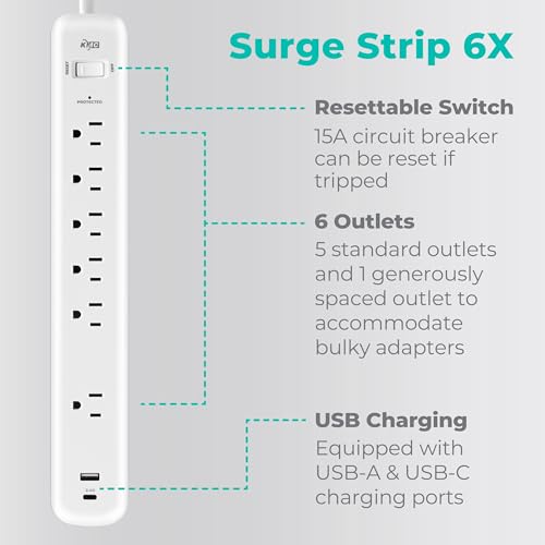 KMC Protector eléctrico de 6 tomas con puerto USB-A y USB-C, cable de extensión de 1.83 m, protección contra sobretensiones 840J, blanco miniatura 2