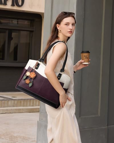 Image of LOVEVOOK Laptop Bag for Women, Vintage Work Tote, Teacher Bag with Pendant | Fits 15.6 Inch Laptop, Magnetic Front Pockets, fits for Large Bottle Pockets, Flower Pendant, Fashion Work Purse