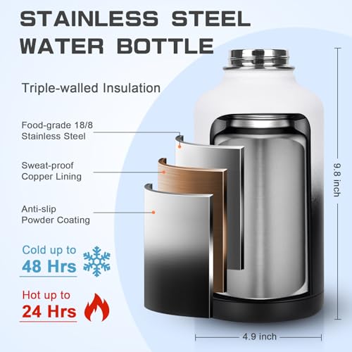 Image of GAZLEMHO Insulated Water Bottle 64 oz, Half Gallon Water Jug Cold 48H, BPA Free Stainless Steel Bottles with Straw /Chug 2-in-1 Lid, Bag, Paracord Handle, Silicone Boot, Sports Gym School Metal Flask