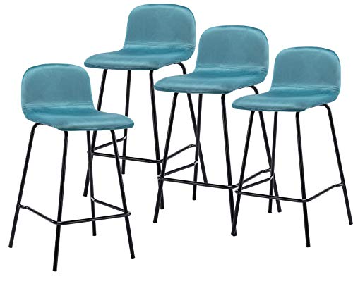 Guyou Modern 25.8\" Kitchen Stools Slipper Chair Set of 4, Upholstered Velvet Counter Height Stools Armless with Low Back and Metal Footrest,Blue