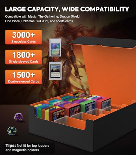 Image of MoKo Trading Card Storage Box, 3000+ MTG Deck Box with 24 Colorful Dividers & 4 Card Supporters, Commander Card Deck Case Fits for Magic Game Cards, YugiOh, TCG, PTG and Sport Cards, Orange