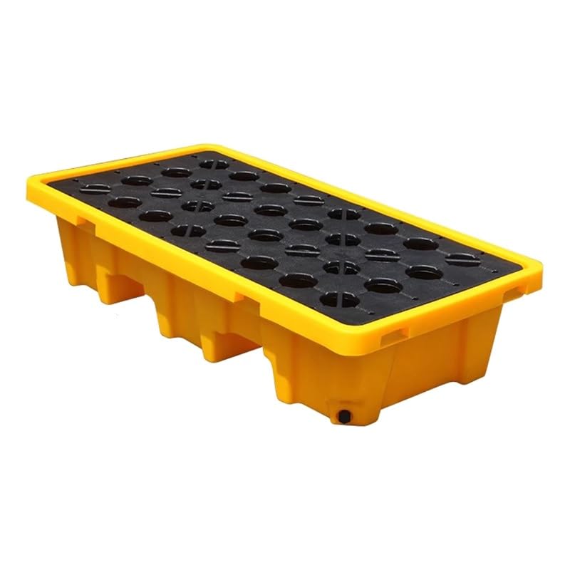 Palé modular de derrames de tambor resistente, 2 plataformas de sumidero de almacenamiento de aceite amarillo (130 x 68 x 30 cm) para garaje y almacén, alta capacidad de carga, solución de contención