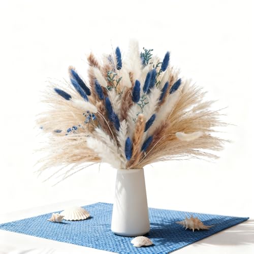 Hapart Natural Blue Pampas Grass Bluk Fluffy Dried Plants with Bunny Tails Baby Breath Flower for Home Vase DIY Beach Room Boho Sea Decor