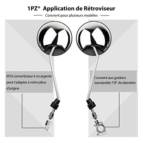 1PZ F11-MS1 Rétroviseur de moto rond argent universel réglable classique M8 / M10, Miroir Latéral de moto avec support de 7/8" 22 mm pour Go Kart VTT ATV Scooter Dirt Bike Mini Vélo Cyclomoteur Quad - Image 4