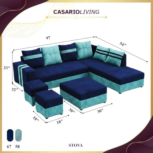 Image of Stova Luxe Velvet-Suede Fabric 8 Seater RHS Sofa Set | with 2 Ottomans& Centre Table| Comfortable & Spacious Seating | Modern Sofa Set for Living Room - Sky Blue & Dark Blue