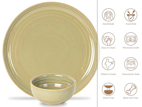 Image of Bodhi House Handcrafted Chip Resistant Porcelain Dinner Set, 12 Pieces Dish Set Serving for 6, Microwave and Dishwasher Safe, Bone-ash Free, Crockery Set for Dining and Gifting, Olive Green