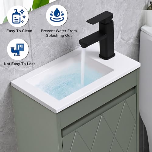 USBATHJOY 16" Bathroom Vanity Sink Combo for Small Space, Wall Mounted Bathroom Cabinet Set with White Resin Basin Sink Top Black Faucet Pop Up Drain Green by USBATHJOY - Used condition - Image 7