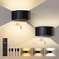 FULEN Motion Sensor Wall Light with Remote Control 3 Colors Wireless Wall Lamp LED Indoor Up and Down Wall Sconce 5000mAh Rechargeable Battery Powered Wall Lamps Brightness Adjustable, Black 2 Pack