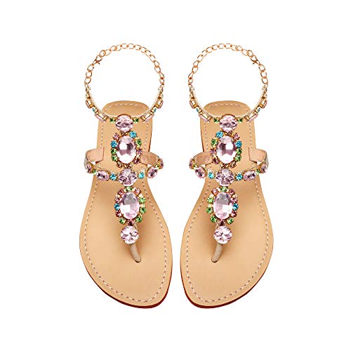Image of ZhuLinFeng Women'S Rhinestone Gladiator Sandals Flat Wedding Sandals Gem Pearl Sparkling Bridal Bridesmaid Sandals Blue Bohemian Sandals