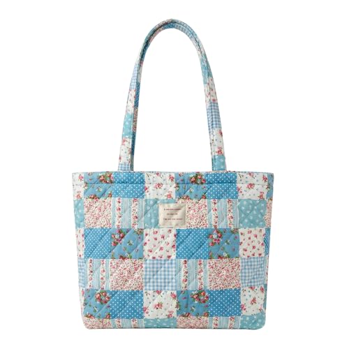 Image of Floral Quilted Cotton Shoulder Bag for Women Medium Size Handbag Large Capacity Thickened Design Tote