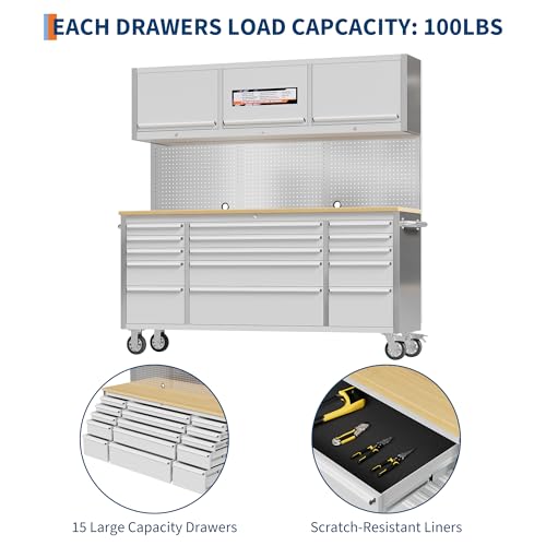 Image of PeakPursuit 72 inch Rolling Tool Chest with 15 Drawers, Solid Rubber Wood Workbench Top, Locking Wheels & Key Lock, Mobile Garage Tool Cabinet for Workshop Storage and Organization, Silver