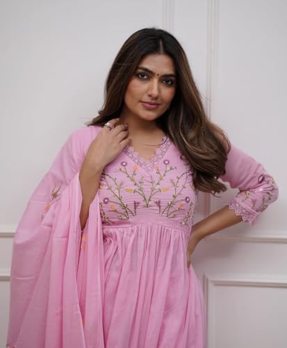 Image of Women's Pastel pink Cotton Embroidered Kurta Set with Lacework Detailing, Choki Hand Sleeves, and Printed Dupatta, Elegant Ethnic Wear