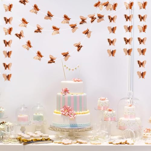 Image of BEISHIDA 5 Pieces Rose Gold 3D Butterfly Paper Garland Hanging Decorative Banner for Home Ceiling Decor Birthday Party Baby Shower Wedding Theme Showcase Decoration Supplies Total 393 Inch Length