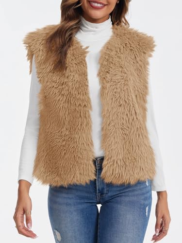 Tankaneo Womens Faux Fur Vest Cropped Sleeveless Warm Winter Shaggy Open Front Outerwear Vest2