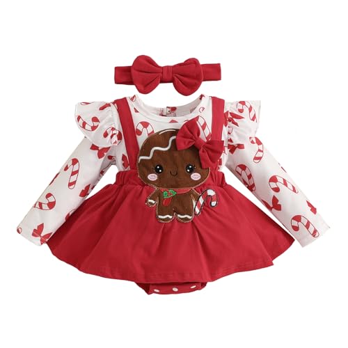 Image of Kodaruber Newborn Girl Thanksgiving Outfit Ruffle Long Sleeve Romper Dress with Headband Christmas Clothes(Gingerbread Man,3-6 Months)