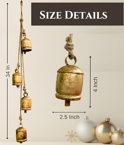 Mie-Creation-Set-of-4-Rustic-Vintage-Cow-Bells-Cluster-on-Jute-Rope-Christmas-Tree-Decorations-Handmade-Metal-Harmony-Cowbells-Shabby-Chic-Wall-Hanging-Holidays-Wreath-decor-Antique-Gold-34-inch Mie Creation Set of 4 Rustic Vintage Cow Bells Cluster on Jute Rope Christmas Tree Decorations Handmade Metal Harmony Cowbells Shabby Chic Wall Hanging Holidays Wreath decor Antique Gold 34 inch