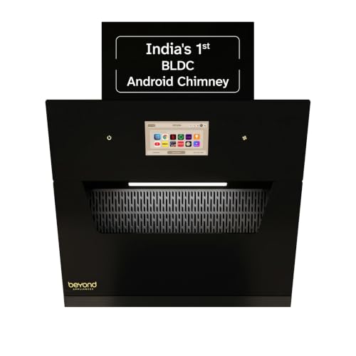 Image of Beyond Appliances Eris 60cm BLDC Kitchen Chimney | 1800 CMH Suction | Auto Clean | Filterless | Smart Touchscreen Display | Touch Control | Slant | Black