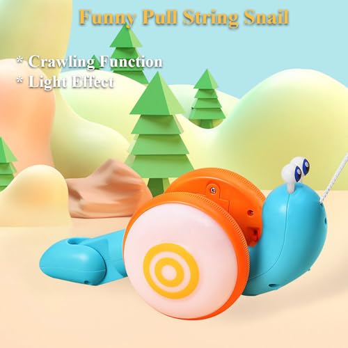 Image of Pull String Crawling Snail, Funny Wriggly Snail Toddlers Walking-Learning Toy Pull and Push Baby Toy with Lights Effect (Blue-Orange)
