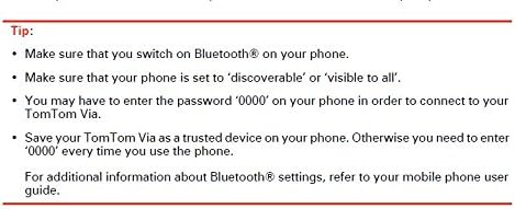 Screenshot of TomTom Bluetooth pairing tips