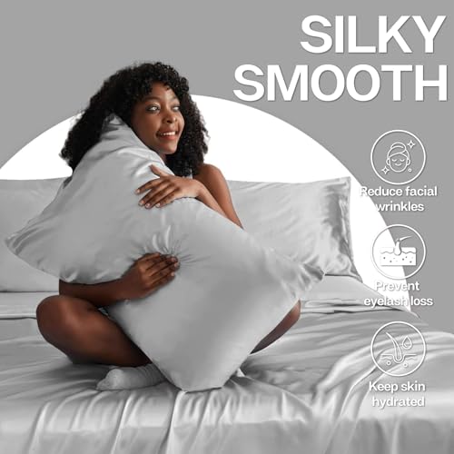 Image of MR&HM Satin Pillowcase for Hair and Skin, Silk Satin Pillowcase 2 Pack, King Size Pillow Cases Set of 2, Silky Pillow Cover with Envelope Closure (20x36, Silver Grey)