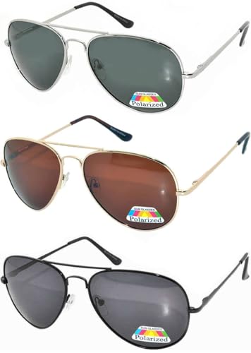 Set of 3 Classic Aviator Polarized Lens Sunglasses Colored Metal Frame Spring Hinge (3 Pairs Mix colors, Colored)