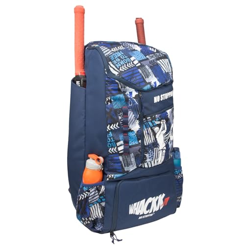 Image of Whackk Kallis 103L Unisex Cricket Kit Bag Backpack | Adult Size | 2 Bat | Shoe /Helmet Pocket | Main Compartment 18 inch Leg Pad |2 Bottle Holder | Easy Access Pocket | Player Edition Senior (navy printed)