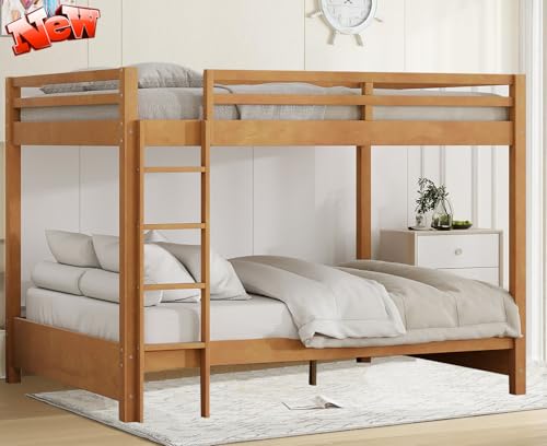 SIMPLEZC Upgraded Version Thicken Solid Wood Queen Over Queen Bunk Bed, Best Wooden Queen Size Bunk Bed for Adults, Easy to Assemble (Wood Color)