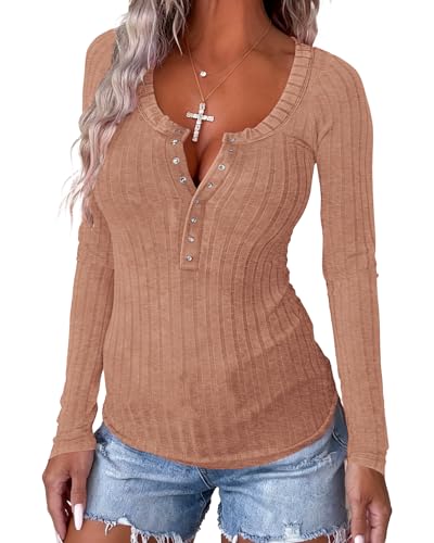 Image of APOFER Women's Long Sleeve Tunics Lightweight Ribbed Knit Blouse Scoop Neck Tops Snap Button Slim Fit Casual Henley Shirt