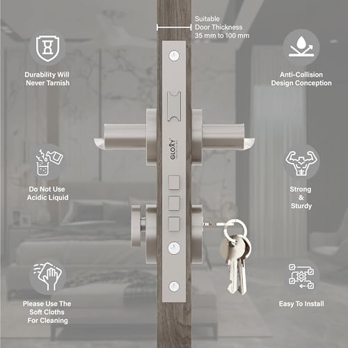 Image of GLOXY Mortise Door Locks for Main Door Lock Handle Set with Brass Lock Body Set with 3 Key Main Door Locks for Kitchen Balcony| Satin Finish (2 Years Warranty, Pack of 1)
