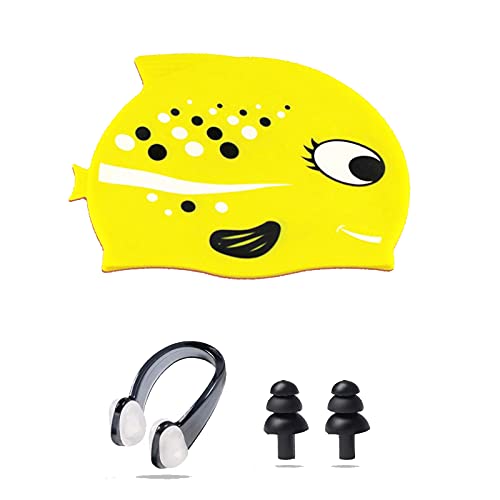 Ancaiqi Kinder Badekappe, Schwimmhaube Silikon Wasserdicht Karikaturkinder-Badekappe- Hai für Jugend Jungen mädchen Baby mit Nasenklemme und Ohrstöpsel (Silikon-Gelb) Cover