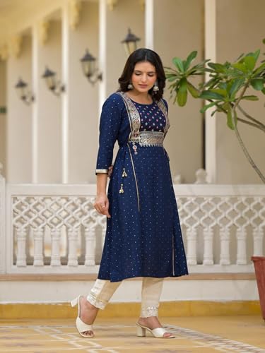 Image of Juniper Blue Solid Rayon Kurta with Sequins & Doris for Women and Girls