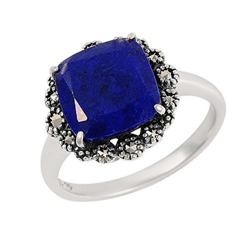 Esse Marcasite Ring aus Sterling-Silber 925, Lapislazuli und quadratischem Markasit, 3 Karat, Size L, Silber, Lapislazuli