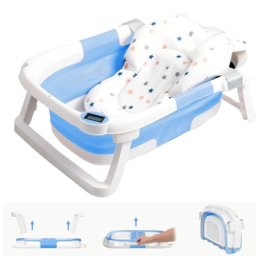 Image of napei Collapsible Baby Bathtub,Baby Bath Tub with Soft Cushion & Thermometer,Baby Bathtub Newborn to Toddler 0-36 Months,Portable Travel Baby Tub,Light Blue