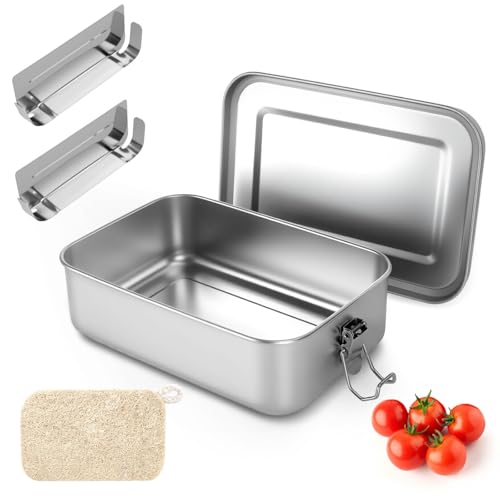 KIMIGO Fiambrera de acero inoxidable 1400ml,Fiambrera sostenible,Fiambrera hermética,con 2 divisiones extraíbles y un cepillo de esponja vegetal,para el almuerzo apta para niños y adultos