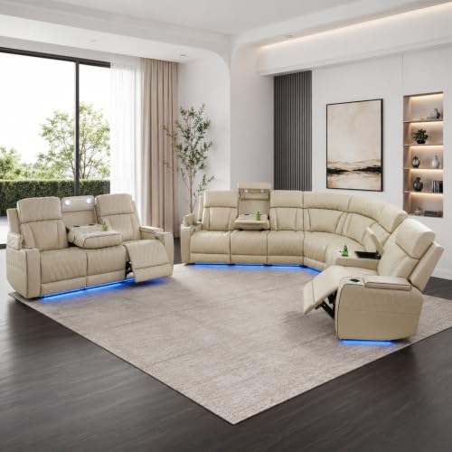 Image of Power Reclining Sectional Sofa Set, Beige Air Leather Recliner Couch with Wireless Charging, Reading Lights, Cup Holders, USB & Type-C Ports, Storage Console for Living Room Home Theater