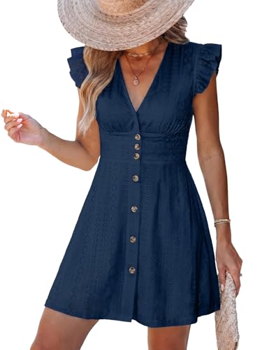 Image of CUPSHE Women's Striped Summer Dresses V Neck Casual Mini Dress Flutter Sleeve Ruffle Button Sundresses