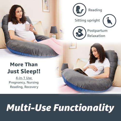 Image of Amazon Basics Velvet Full Body Pregnancy Pillow for Maternity,Baby Nursing,Full Body Support|Perfect Baby Shower Gift|J-Shaped-Washable Cover with Zip-Blue & Grey