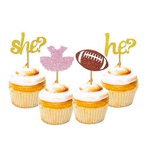 Morndew 24 Pcs Tutus Rugby Touch Down Cupcake Topper For Gender Reveal Party Baby Shower Birthday Party Wedding Party Decorations - He Or She #TOP10