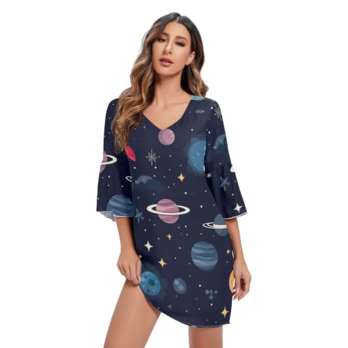 Robe courte hawaïenne femme espace bleu à manches 3/4 imprimé galaxie