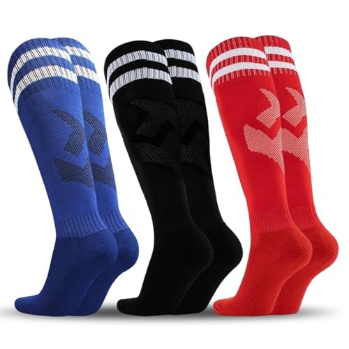 Supcomsta 3 Pairs Soccer Socks, Knee High Calf Compression Athletic Socks for Adult Men & Women Football, Basketball, Running & Training (Black,Red,Blue)