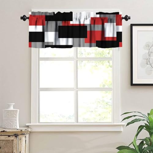 Image of Red Black Grey Geometric Window Valance Curtain, Splicing Geometric Plaid Abstract Square Multicolor Checkered Window Treatment Valances for Kitchen Living Room Cafe Decor 54'x18', 1 Panel