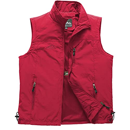 Panegy Gilet de Randonnée Homme Veste Reporter Multi-poches Rouge Manteau Sans Manches Séchage Rapide pour Pêche Photographe Travail Outdoor Étiquette 2XL(EU L) Cover