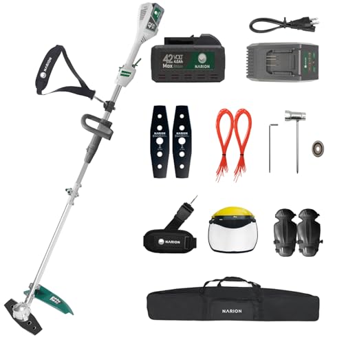 NARION(ナリオン)42V 充電式草刈り機 刈払機 コードレス 電動 草刈機 充電器・4Ahバッテリー1個・ナリオンオリジナル製2枚刃 付き 折れ曲げ保管 角度回転機能付き チップソー互換