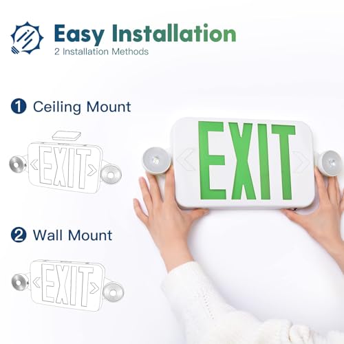 Image of FREELICHT 6 Pack Green Exit Sign with Emergency Lights, Two LED Adjustable Head Emergency Light with Battery, Exit Sign for Business