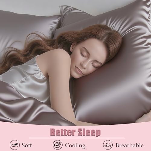 Mulberry Silk Pillow Cases with Zipper, Ultra Smooth Soft Breathable Cooling Pillow Cases for Hot Sleepers, Silk Satin Pillowcase for Hair and Skin, Gifts for Women (Taupe, King Size, 1 Pack)